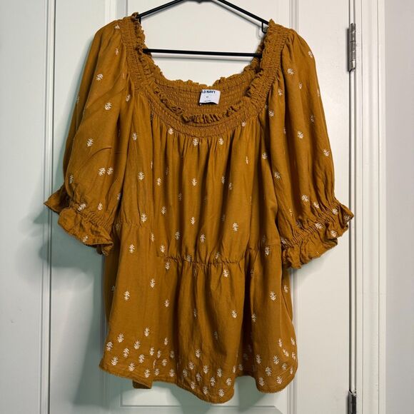 Old Navy Women Blouse 2X Ancient Gold Puff-Sleeve Smocked Embroidered Babydoll - Picture 2 of 9